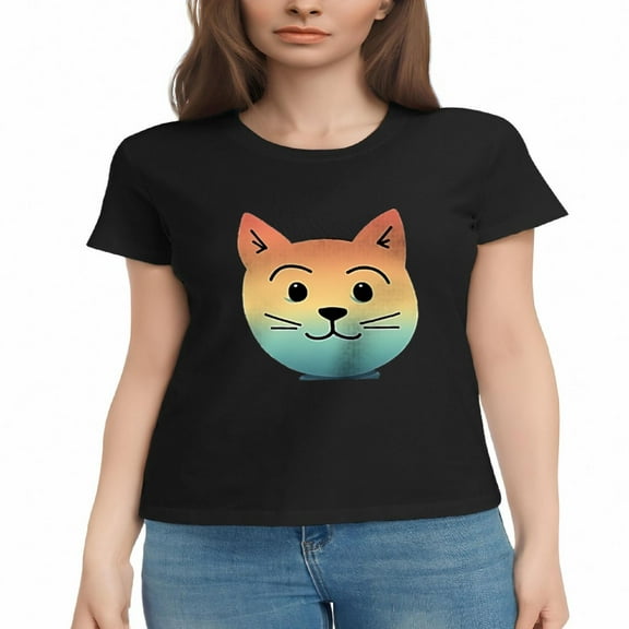 Women's Cotton Short Sleeve T-Shirt with Colorful Cat Face Graphic - Gradient Orange to Blue Design Fun and Stylish Tee Top