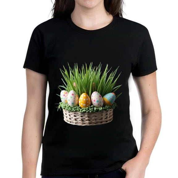 Women's Cotton Short Sleeve T-Shirt with Colorful Easter Egg Basket Design - Festive Spring