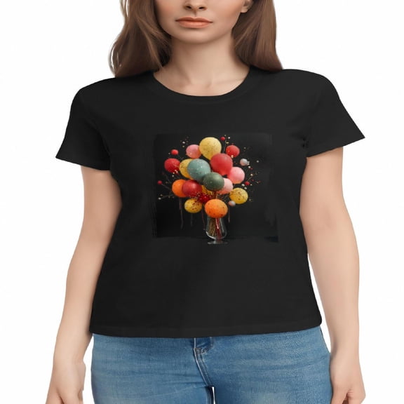 Women's Cotton Short Sleeve T-Shirt with Colorful Glittery Balloon Design - Whimsical Festive Tee Top for Casual Wear