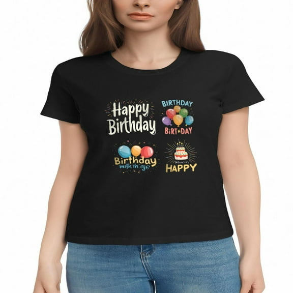 Women's Cotton Short Sleeve T-Shirt with Colorful ' Happy Birthday ' Design Featuring Balloons and Cake Illustrations