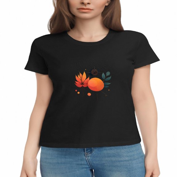 Women's Cotton Short Sleeve T-Shirt with Colorful Modern Design - Orange Circle & Stylized Leaves in Green & Red