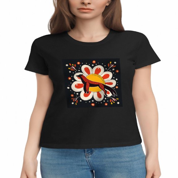 Women's Cotton Short Sleeve T-Shirt with Colorful Stylized Animal Design in Red & Black Surrounded by Vibrant Flower Pattern