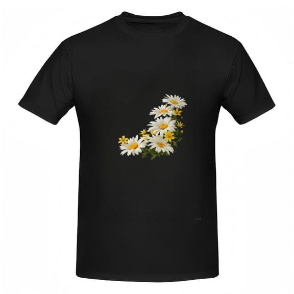 Women's Cotton Short Sleeve T-Shirt with Curved White Daisy Design and Yellow Flower Accents - Casual Floral Tee Top