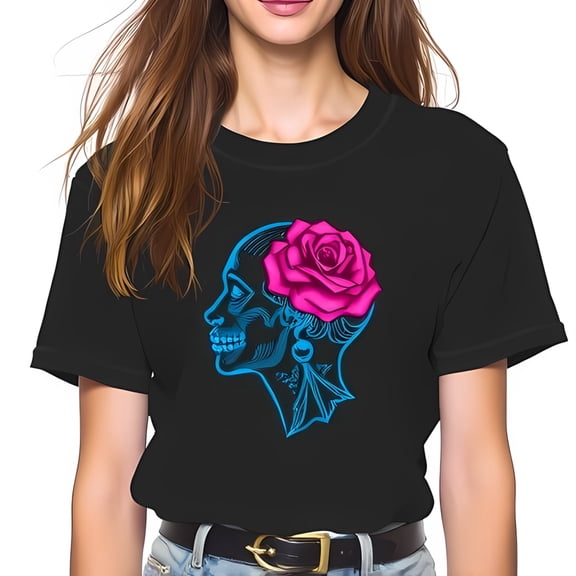 Women's Cotton Short Sleeve T-Shirt with Cyan-Outlined and Design - Edgy Feminine Graphic Tee