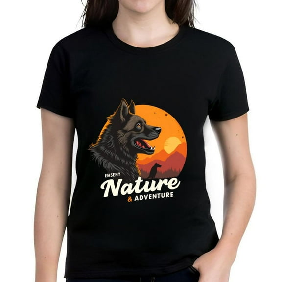 Women's Cotton Short Sleeve T-Shirt with Dog Head Graphic Sunset Mountain " Nature & " Design