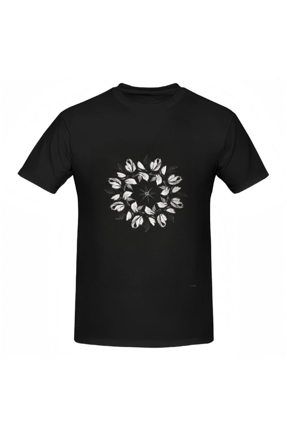Women's Cotton Short Sleeve T-Shirt with Elegant Circular Floral Design - White Flowers on Black Tee Stylish and Comfortable Top