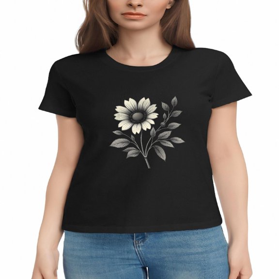 Women's Cotton Short Sleeve T-Shirt with Elegant Floral Sunflower Design - Classic Black Tee with Symmetrical White Flower Print