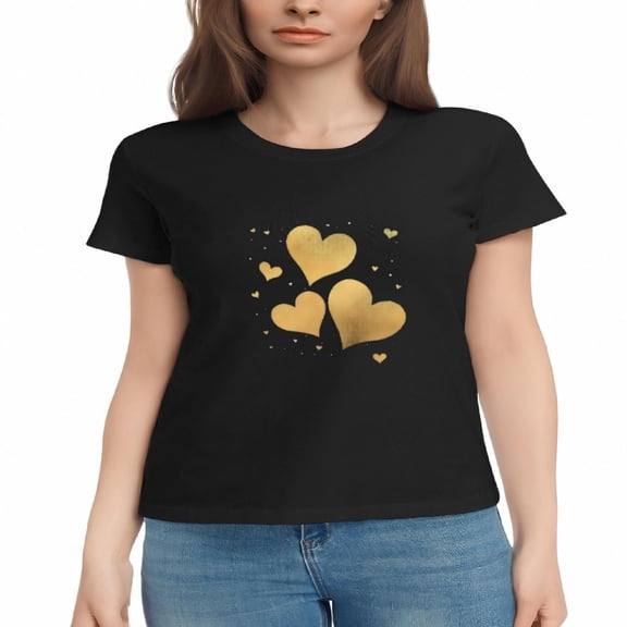 Women's Cotton Short Sleeve T-Shirt with Elegant Gold Heart Pattern - Stylish Casual Tee with Large & Small Hearts Design