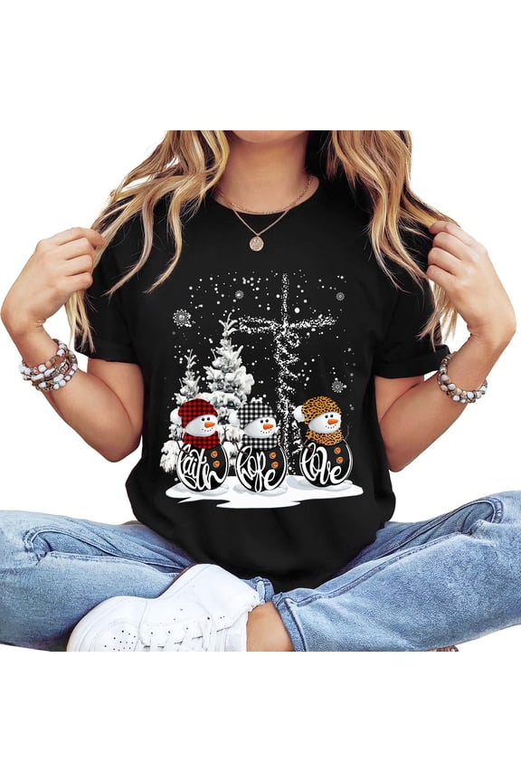 Women's Cotton Short-Sleeve T-Shirt with "Faith Hope Love" Snowman Religious Christmas Graphic