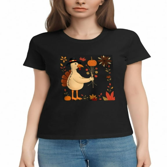 Women's Cotton Short Sleeve T-Shirt with Festive Turkey Design Autumn Colors Pumpkins & Flowers - Perfect for Thanksgiving