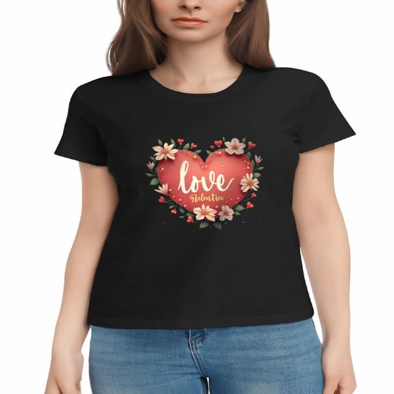 Women's Cotton Short Sleeve T-Shirt with Floral Heart Design ' Love ' in Cursive Spiritual Theme Pink & White Flowers Cute Tee Top