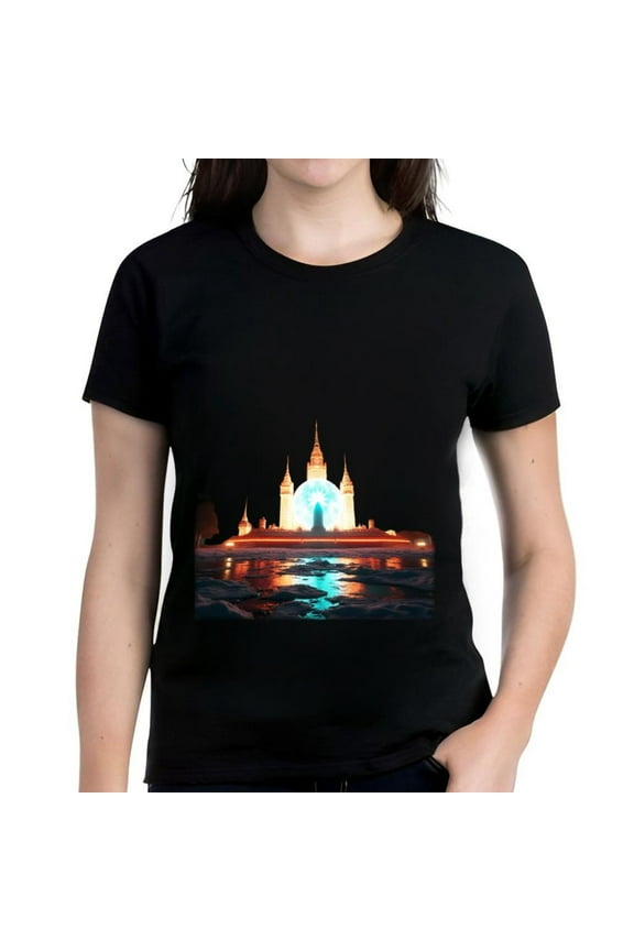 Women's Cotton Short Sleeve T-Shirt with Glowing Castle Design Night Sky Reflection Unique Spire Pattern Comfortable Fit