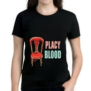 YIDUO Women's Cotton Short Sleeve T-Shirt with Graphic of Blood - Stained Wooden Chair and " PLACY BLOOD " Text in Pink and Blue
