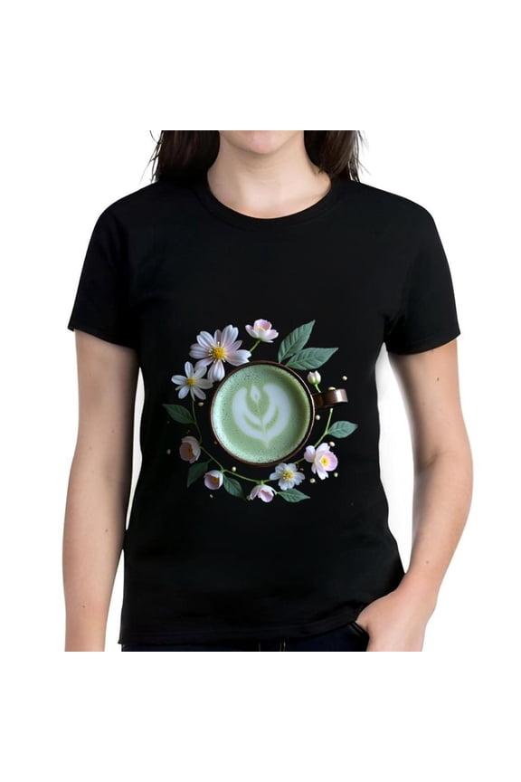 Women's Cotton Short Sleeve T-Shirt with Green Latte Art Surrounded by Pink and White Floral Design - Casual and Stylish Top