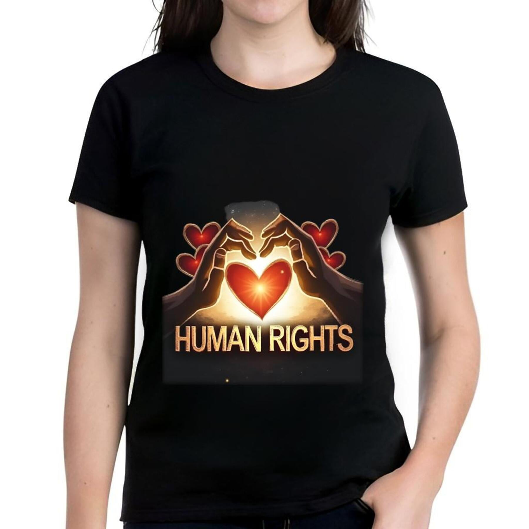 Women's Cotton Short Sleeve T-Shirt with Heart - Shaped Hands Graphic Design - " HUMAN RIGHTS ...