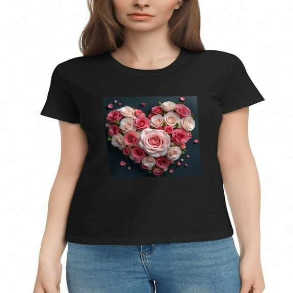 Women's Cotton Short Sleeve T-Shirt with Heart - Shaped Pink & White Roses Design Floral Tee Top with Scattered Petals
