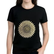 YIDUO Women's Cotton Short Sleeve T-Shirt with Hypnotic Spiral Design - Black and Beige Concentric Pattern - Casual Crew Neck Tee