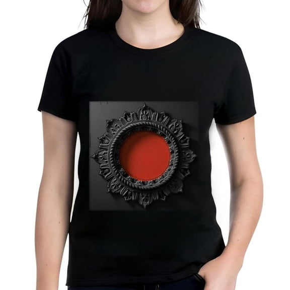 Women's Cotton Short Sleeve T-Shirt with Intricate Black Design and Bold Red Center - Stylish Graphic Tee