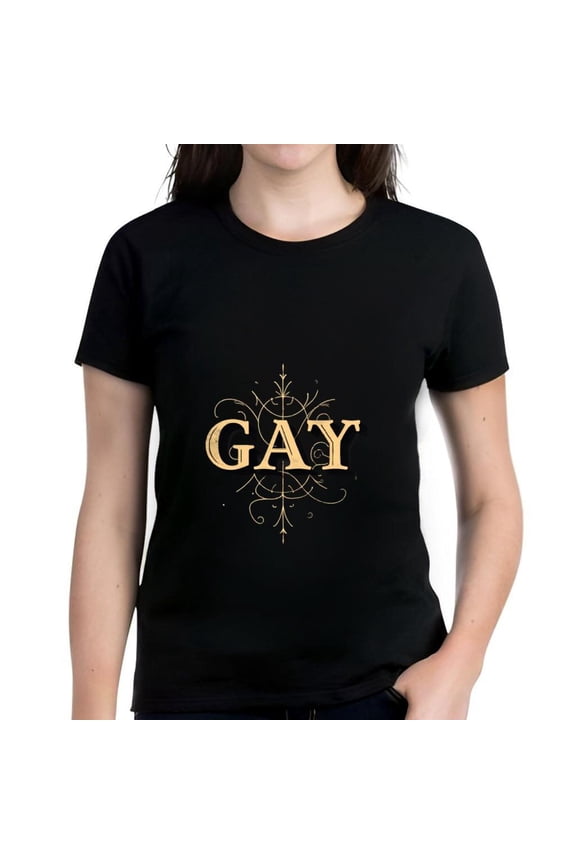 Women's Cotton Short Sleeve T-Shirt with Intricate Gold ' GAY ' Design and Decorative Flourishes - Stylish Baroque Gothic Art Style