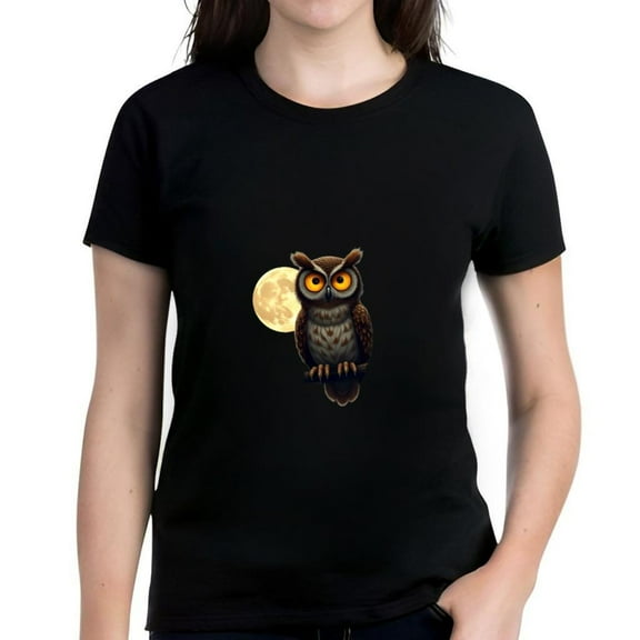 Women's Cotton Short Sleeve T-Shirt with Intricate Owl Illustration and Full Moon Design - Mystical Nighttime Aesthetic