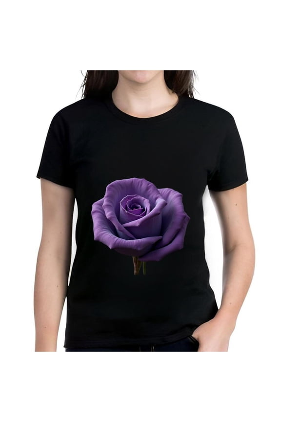 Women's Cotton Short Sleeve T-Shirt with Intricate Purple Rose Design on Black Background - Casual Floral Tee