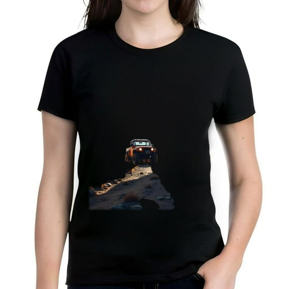 Women's Cotton Short Sleeve T-Shirt with Orange Off - Road Vehicle Graphic on Dark Desert Background