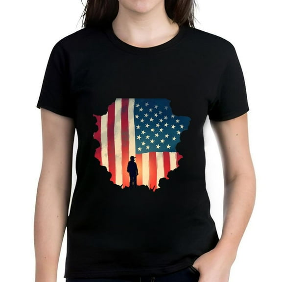 Women's Cotton Short Sleeve T-Shirt with Patriotic Design Featuring the USA Outline and Vibrant Colors