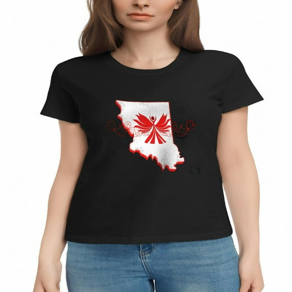 Women's Cotton Short Sleeve T-Shirt with Patriotic Red & White USA Map Design Angel Figure Swirls & Hearts - Artistic Tee Top