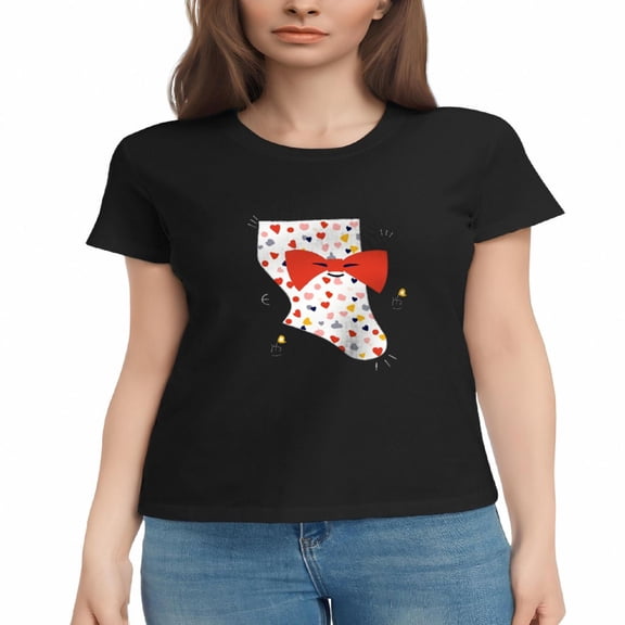 Women's Cotton Short Sleeve T-Shirt with Playful Bow Tie Design Colorful Hearts & Festive Shapes - Perfect for Casual Wear