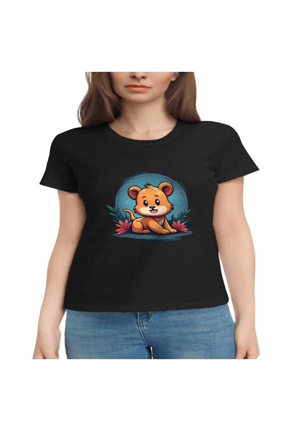 Women's Cotton Short Sleeve T-Shirt with Playful Cartoon Lion Cub Design Surrounded by Pink Flowers - Whimsical & Cheerful Tee Top