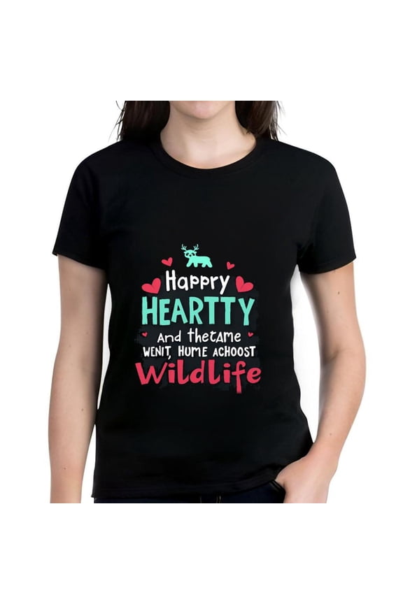 Women's Cotton Short Sleeve T-Shirt with Playful Light Blue Deer ' Happy HEARTY WELCOME ' Text Wild Life Design & Red Hearts