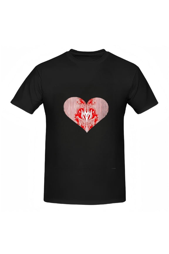 Women's Cotton Short Sleeve T-Shirt with Red Heart Design Intricate Flame Patterns on Striped Background Stylish Tee Top