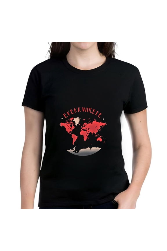 Women's Cotton Short Sleeve T-Shirt with Red World Map Design and ' EVERR WILEKE ' Phrase - Global Style