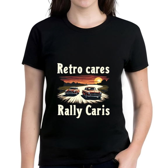 Women's Cotton Short Sleeve T-Shirt with Retro Classic Cars Design at Sunset - Vintage Rally Cars Graphic Tee