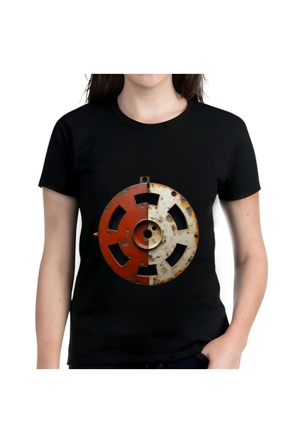 Women's Cotton Short Sleeve T-Shirt with Rusted Metal Wheel Design - Industrial Style Graphic Tee