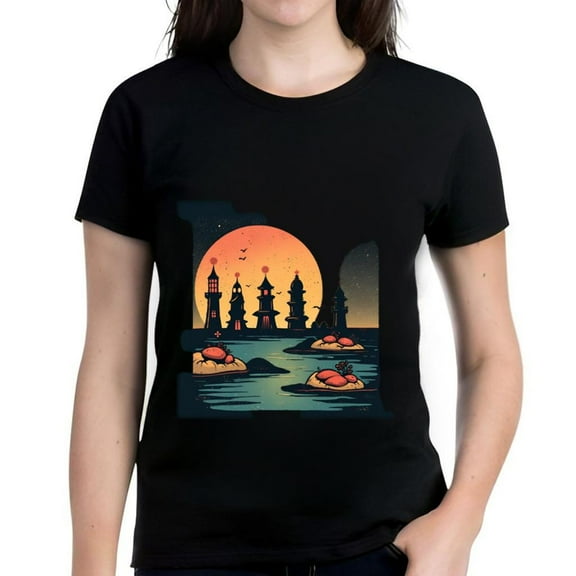Women's Cotton Short Sleeve T-Shirt with Serene Coastal Sunset Design Featuring Silhouetted Towers and Red