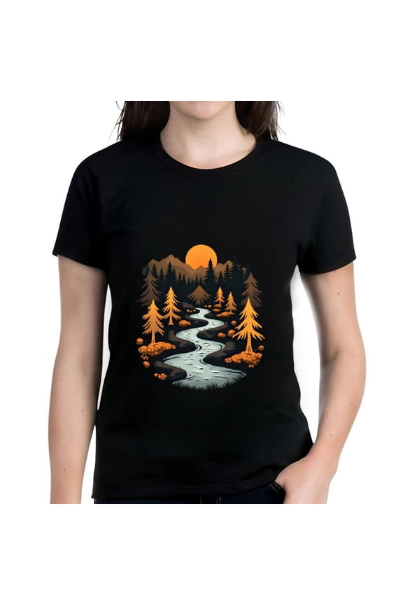 Women's Cotton Short Sleeve T-Shirt with Serene Forest Landscape Print Winding River & Mountain Design Perfect for Nature Lovers