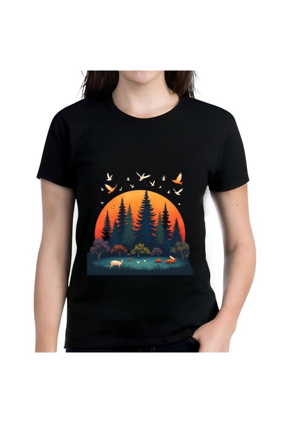Women's Cotton Short Sleeve T-Shirt with Serene Forest Sunset Pattern - Vibrant Nature Design Featuring Tall Pines Birds and Tranquil Pond