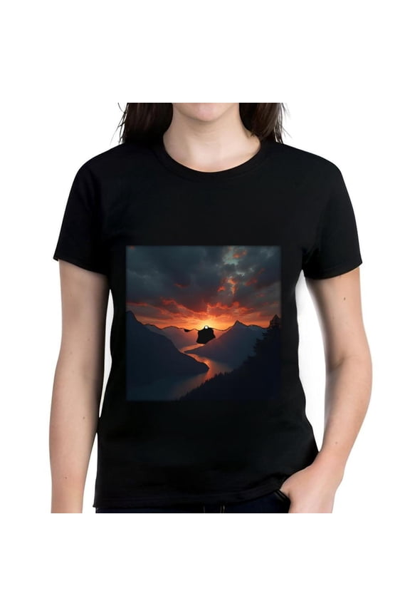 Women's Cotton Short Sleeve T-Shirt with Serene Landscape Print - River Mountains & Sunset Design - Comfortable Casual Tee