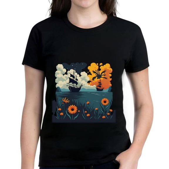 Women's Cotton Short Sleeve T-Shirt with Serene Seascape Sunset Design - Vibrant Floral Pattern Perfect for Casual Wear