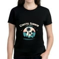 thumbnail image 1 of Women's Cotton Short Sleeve T-Shirt with Silhouetted Trees and Sunset Design " COASTEL SURNOR IN FARRO " - Perfect for Beach Lovers, 1 of 6