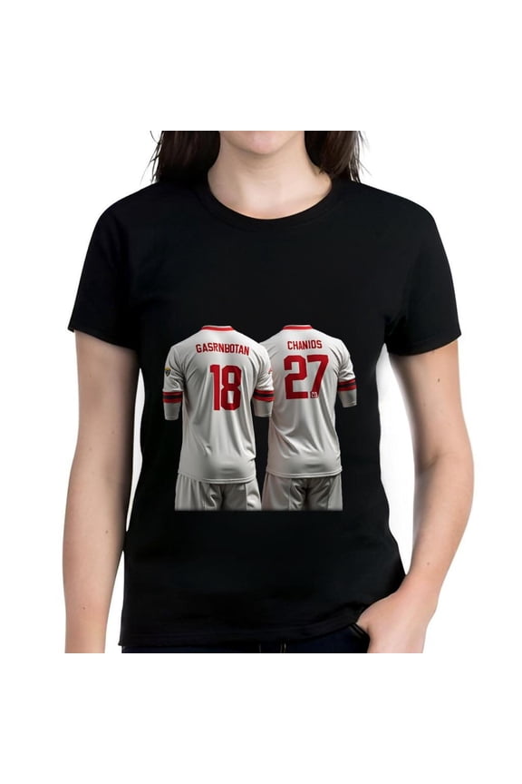 Women's Cotton Short Sleeve T-Shirt with Soccer Jersey Print - Front & Back Design Featuring Names ' GASNGOTAN ' & ' CHANDOS ' with Numbers 18 & 27