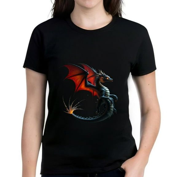 Women's Cotton Short Sleeve T-Shirt with Striking Black Dragon and Design Mystical Fantasy Art Tee