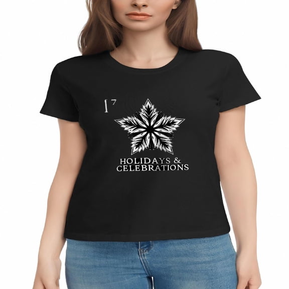 Women's Cotton Short Sleeve T-Shirt with Stylish White Snowflake Graphic & ' HOLIDAYS & CELEBRATIONS ' Text Size 17