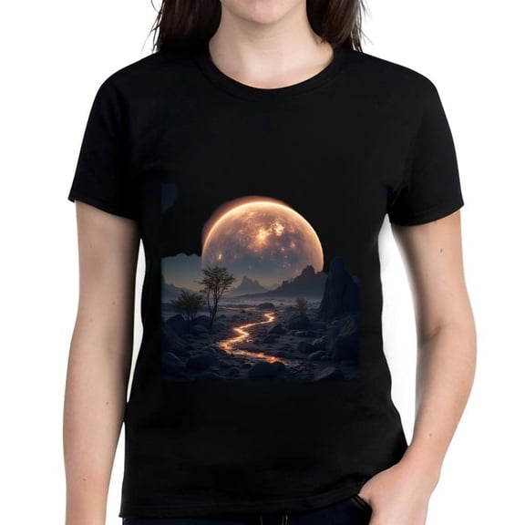 Women's Cotton Short Sleeve T-Shirt with Surreal Landscape Moonlit Design - Mystical Terrain & Winding River Pattern