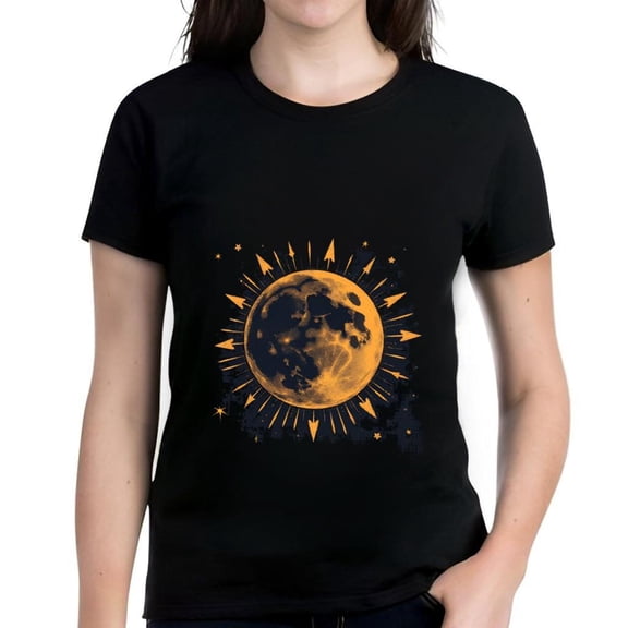 Women's Cotton Short Sleeve T-Shirt with Textured Moon Design and Orange Arrows Dark Background Star Accents