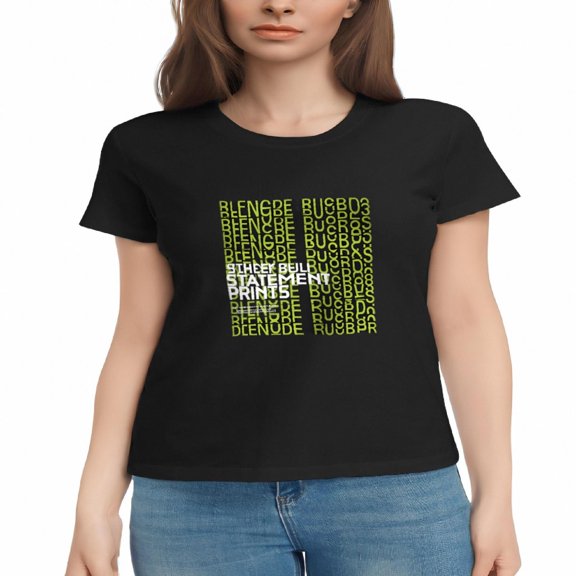 Women's Cotton Short Sleeve T-Shirt with Unique Repeated Text Pattern in Green and White - Stylish Tee Top for Casual Wear
