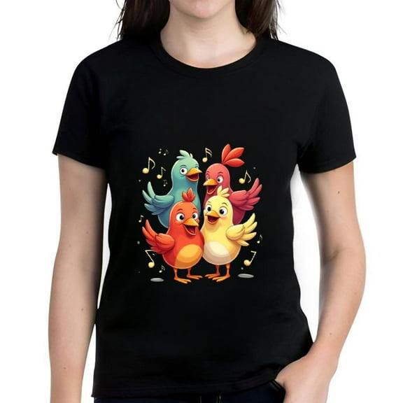 Women's Cotton Short Sleeve T-Shirt with Vibrant Animated Bird Pattern and Musical Notes Design Cheerful and Colorful Graphic Tee