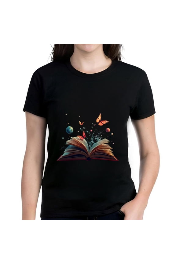 Women's Cotton Short Sleeve T-Shirt with Vibrant Butterfly and Pattern Design Imagination & Knowledge Inspired