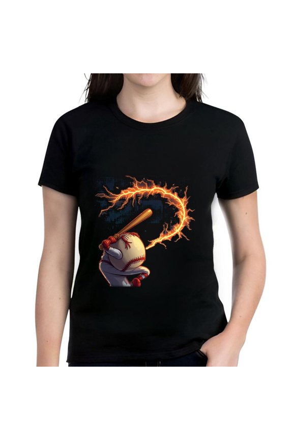 Women's Cotton Short Sleeve T-Shirt with Vibrant Cartoon Baseball Design and Fiery Energy Perfect for Sports Enthusiasts